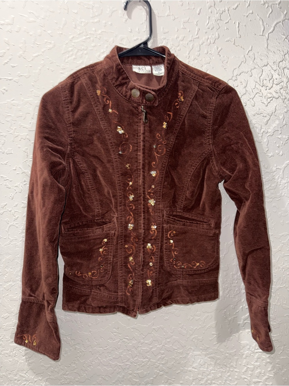 BCI Clothing Brown Corduroy Embroidered Rhinestone Zip Jacket Size M - Picture 1 of 4